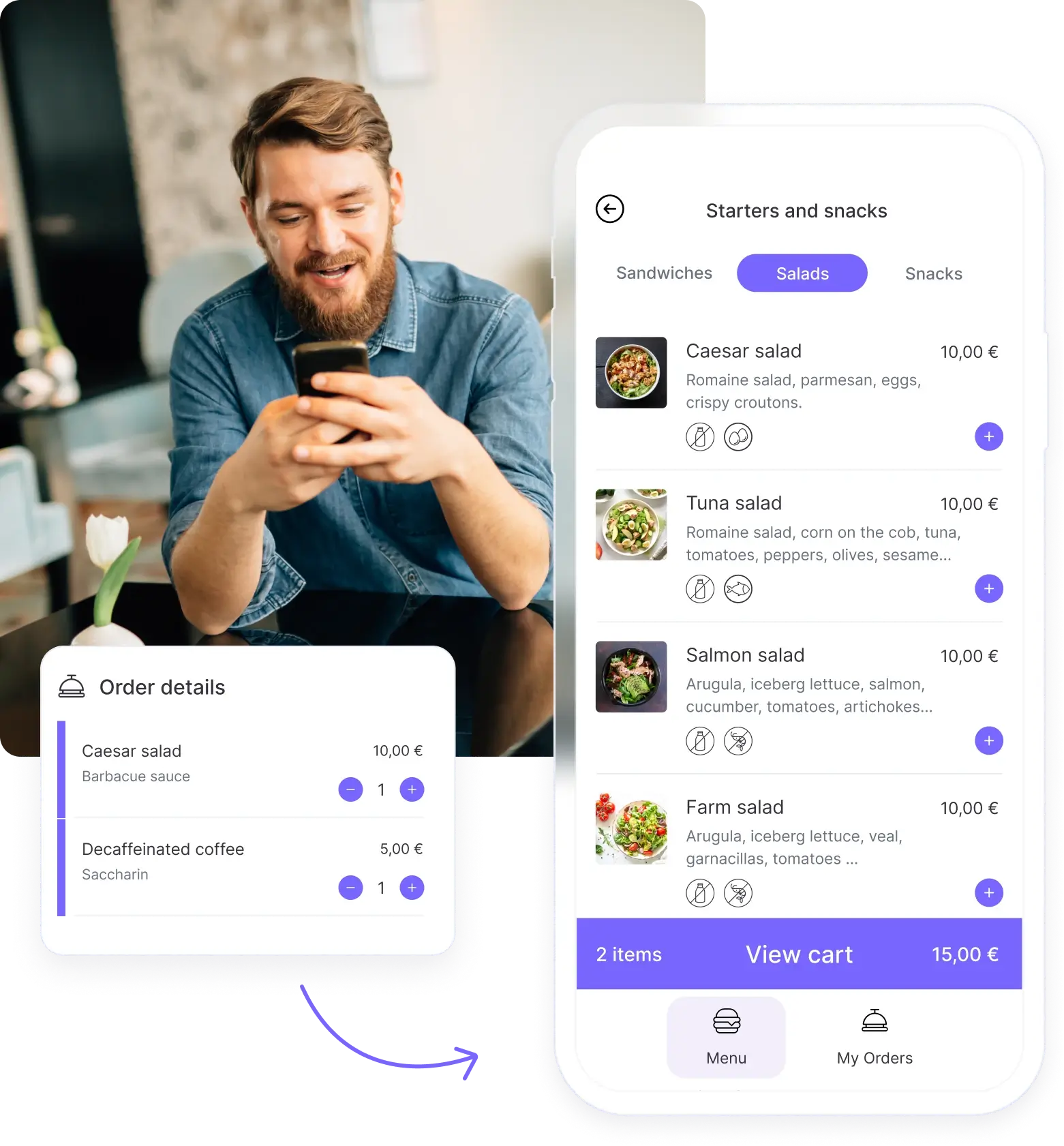 Huésped pidiendo comida con la app